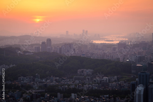 Seoul City and Hanriver in sunset in Misty day, South Korea © panyaphotograph