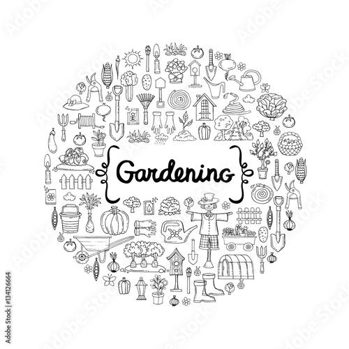 Decorative cover with hand drawn symbols of garden. Vector background for use in design