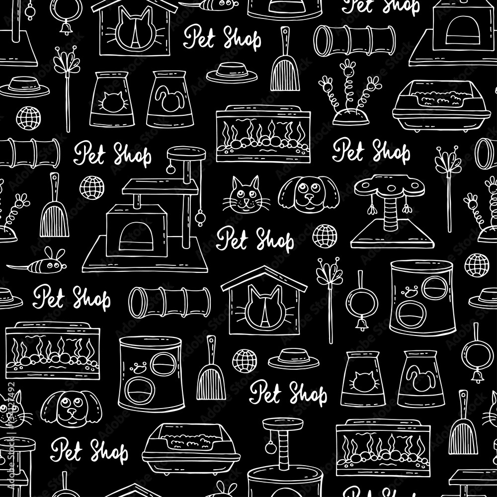 Vector seamless pattern with hand drawn isolated goods for pet shop on black color. Background for use in design