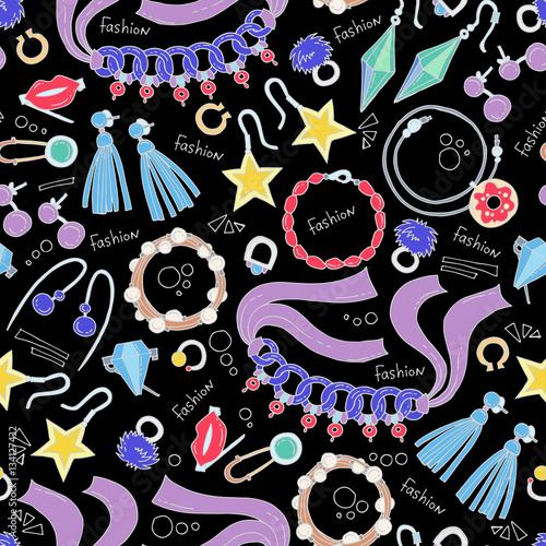 Vector seamless pattern with hand drawn colored jewelry on black color. Background for use in design