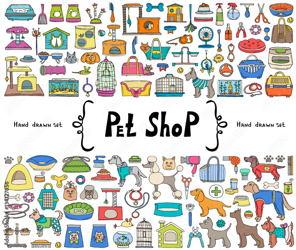 Vector set with hand drawn isolated colored doodles on the  theme of pet shop. Sketches for use in design