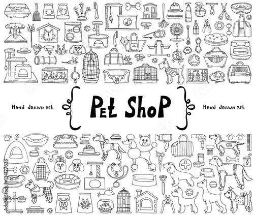 Vector set with hand drawn isolated isolated doodles on the theme of pet shop. Sketches for use in design