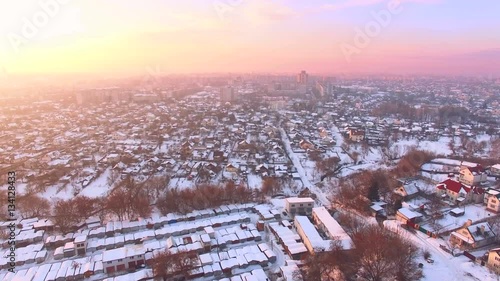 Aerial beautiful evening sky in winter city