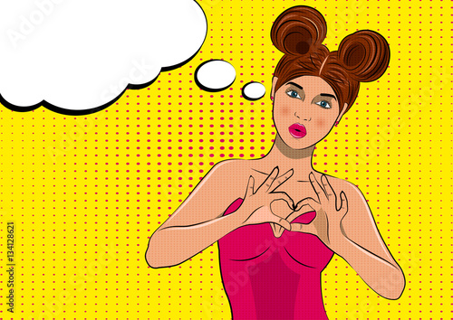 Pop art cute fashion woman with hands with heart sign. Valentine comics. Bubble sign.