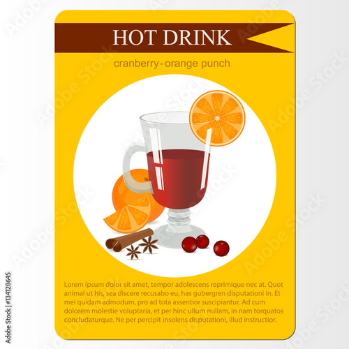 Cranberry orange punch cocktail. Cocktail menu item or sticker. Party hot drink in circle icon. Vector illustration.