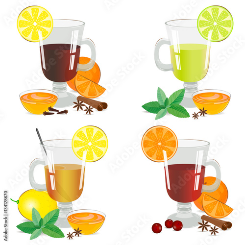 Set of isolated hot drinks. Alcoholic and nonalcoholic hot drinks. Vector illustration.