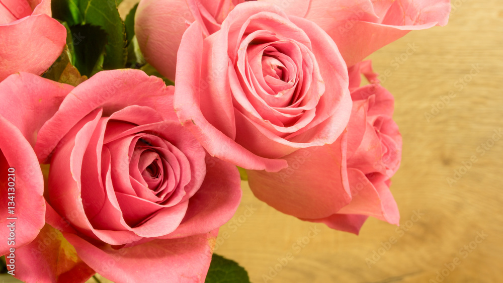 Rosenblüten in Rosa mit Holzhintergrund