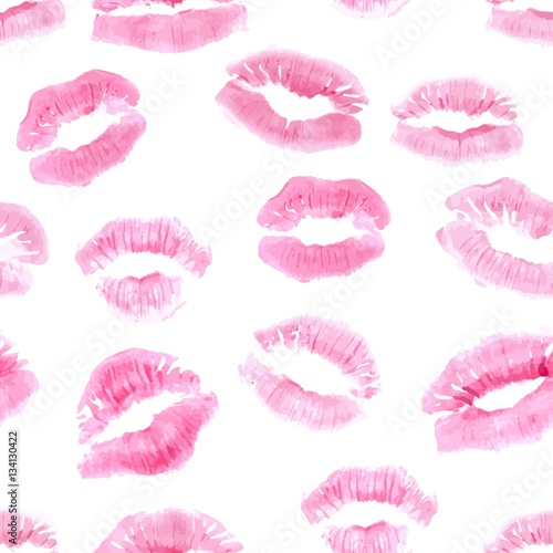 Pink lipstick print seamless background for Valentine s day  on white backdrop. Vector illustration. Can be used as repeating pattern.