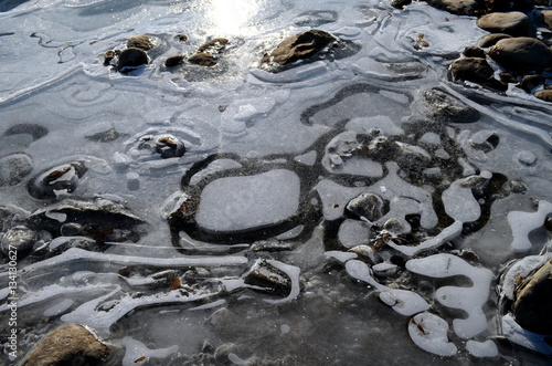 Eingefrorene Steine am Flussufer