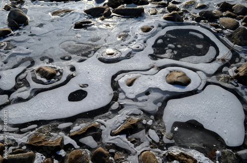 Eingefrorene Steine am Flussufer