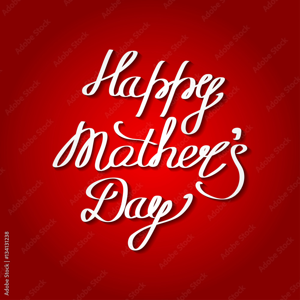 handwritten text with curls happy mothers day, white lettering on a red background