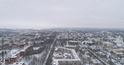 slow motion backwards flight with winter view of suburb of Saint-Petersburg Pushkin town, 4k aerial footage photo