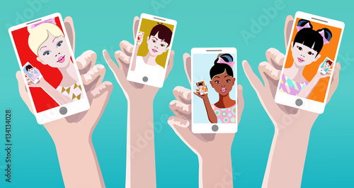Vector draw Hands with smartphone, kids visit chat,  concept illustration of smartphone usability on blue background, funny cartoon with children