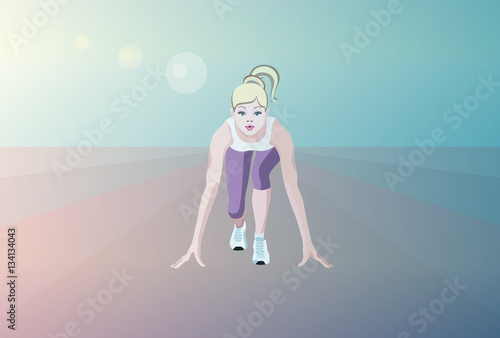 Graphic vector illustration of  woman runner at the start, lifestyle and sports, abstract background sky and  road,  color print pattern girl athletics.
