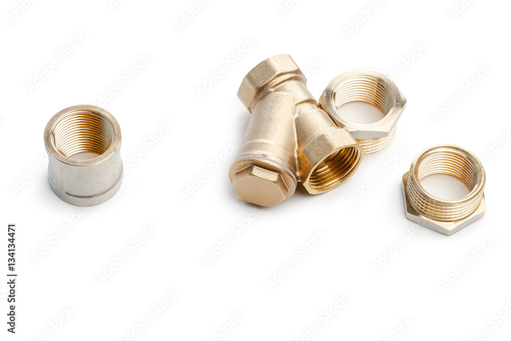 Set of metal-plastic plumbing couplings, adapters, plugs isolated on white background Set of metal-plastic plumbing couplings, adapters, plugs isolated on white background