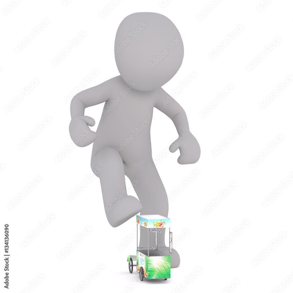 Enormous 3D illustrated figure stomps on cart Enormous 3D illustrated figure stomps on cart