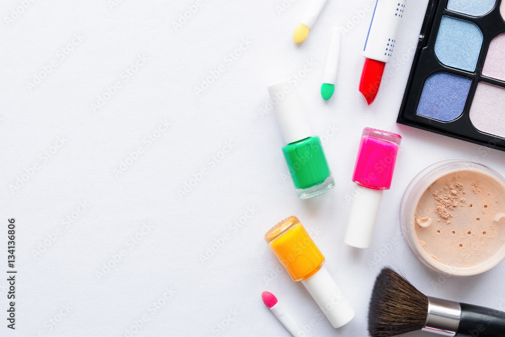 set of makeup on a white background with space for text set of makeup on a white background with space for text