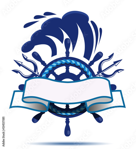 Sea travel logo. Ship steering wheel.