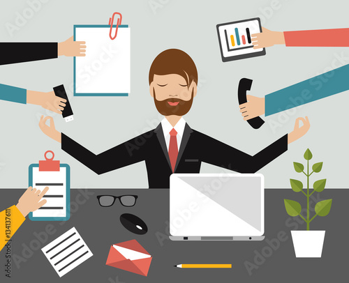 Businessman in lotus meditation position in work office. Multitasking concept. Flat  illustration.