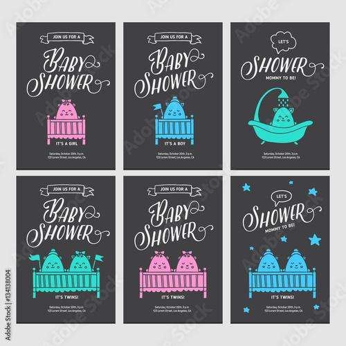 Baby shower invitations doodle collection. Vector vintage illustration.