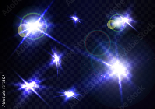 Vector light flashes sparks, explosions set on dark transparent background