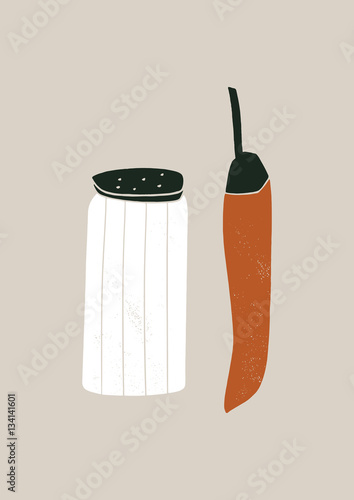  Salt shaker and chili pepper. Spice kitchen illustration 
