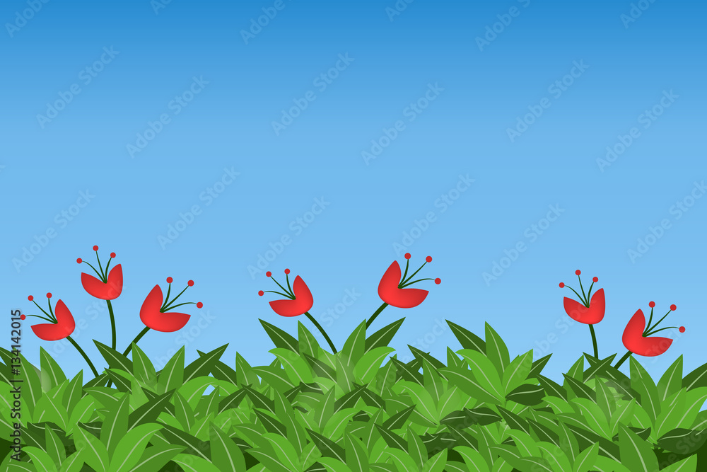 Green leaves and red flowers  isolated on blue sky background.