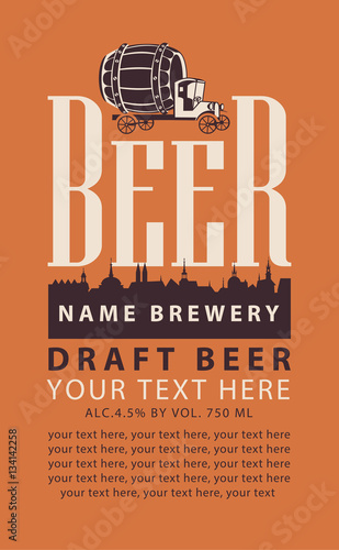 label beer with the old town and truck with a barrel in retro style