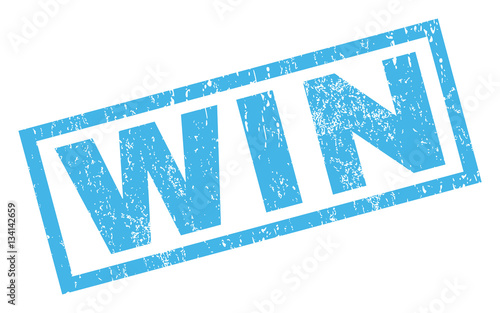 Win text rubber seal stamp watermark. Caption inside rectangular banner with grunge design and dust texture. Inclined vector blue ink sign on a white background.