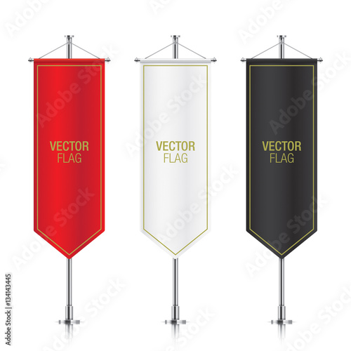 Set of vector banner flag templates hanging on a silver metallic poles. Red, white and black gothic vertical flag mockups, isolated on a white background.