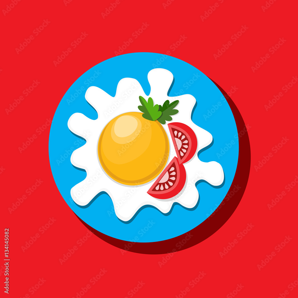 Food icon concept. Fried egg tomato and herb. Freehand drawn cartoon retro style. Colorful symbol of breakfast morning cooked meal. Vector template for cooking sign project banner background Food icon concept. Fried egg tomato and herb. Freehand drawn cartoon retro style. Colorful symbol of breakfast morning cooked meal. Vector template for cooking sign project banner background