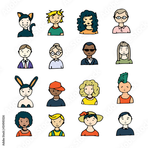 set of hand drawn doodle faces. funny portraits. vector avatar