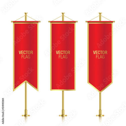 Red elegant vertical flag mockups with golden strokes, isolated on a white background. Set of red vector banner flag templates hanging on a golden poles.