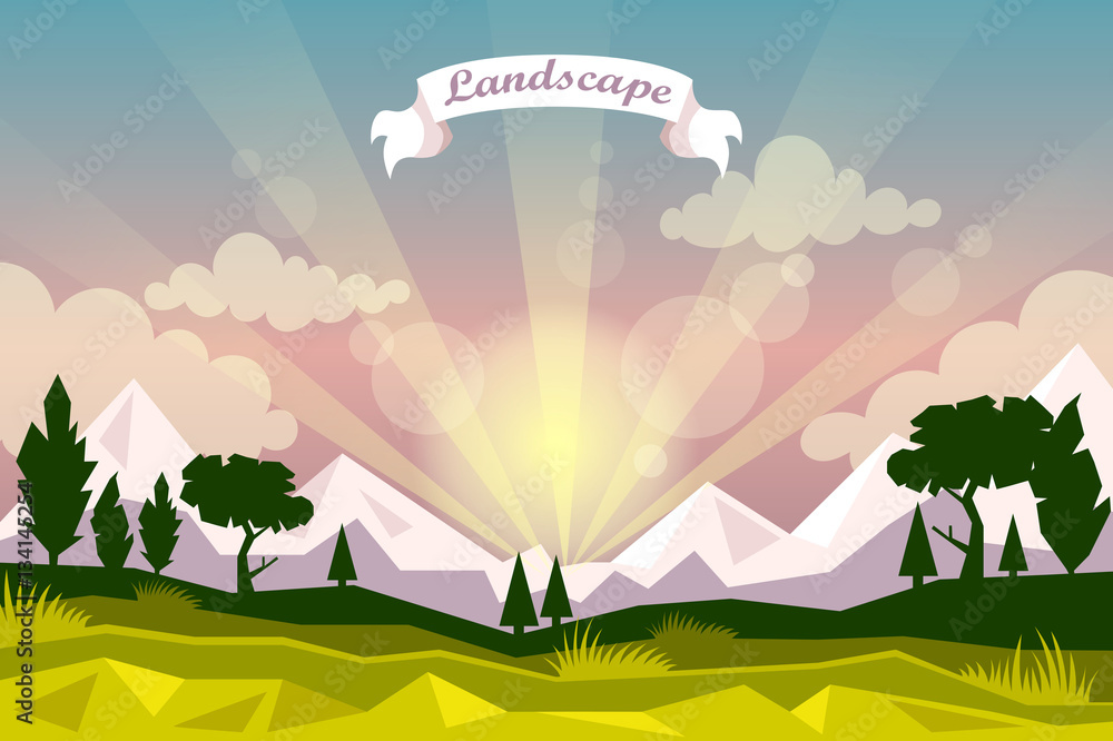 sunset or sunrise landscape. mountains and the sun on the horizon. vector illustration
