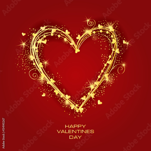 gold heart on a red background. Valentine's Day