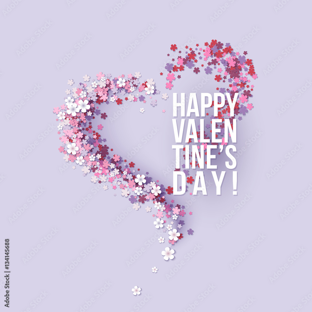 Valentines Day card with pink flowers heart shaped with text. Vector illustration