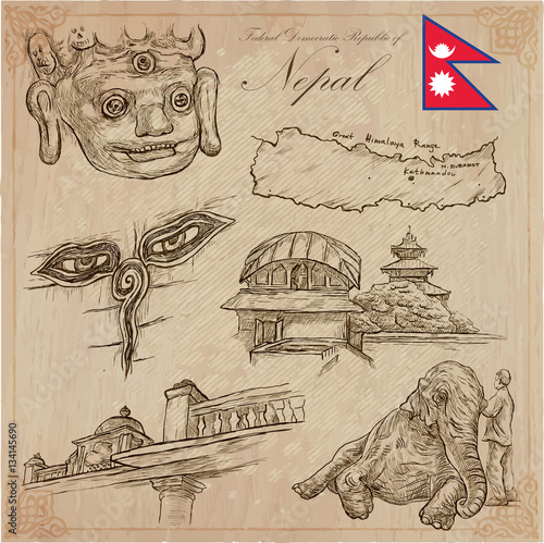 Nepal - Pictures of life. Travel pack. Vector collection. Hand drawings. Set of freehand sketches.