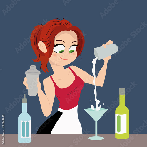 The girl bartender making cocktail drink. Cocktail alcohol, flat vector illustration