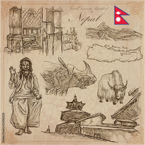 Nepal - Pictures of life. Travel pack. Vector collection. Hand drawings. Set of freehand sketches.