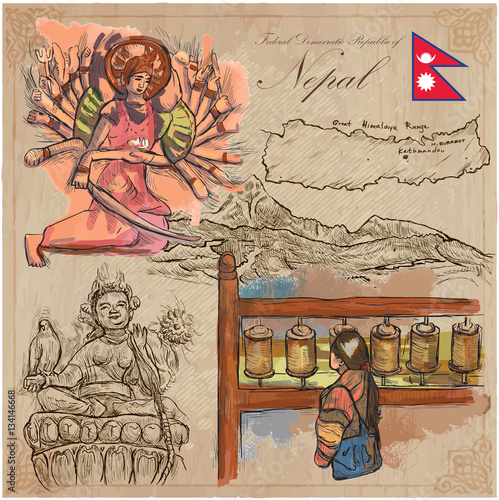 Nepal - Pictures of life. Travel pack. Vector collection. Hand drawings. Set of freehand sketches.