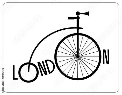 Retro bike from London with a large front wheel and the name of the city. Logo.