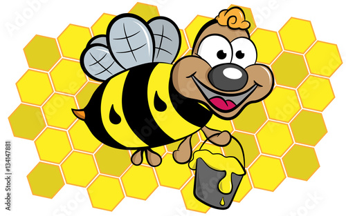 Funny flying bee with honey on honeycomb background