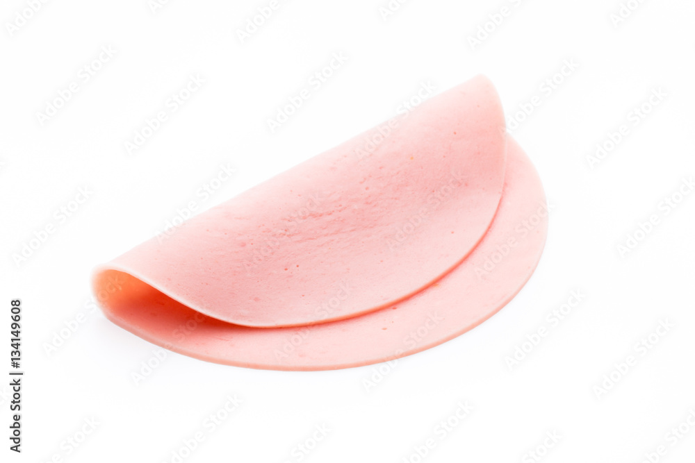 Sliced boiled ham sausage isolated on white background, top view Sliced boiled ham sausage isolated on white background, top view