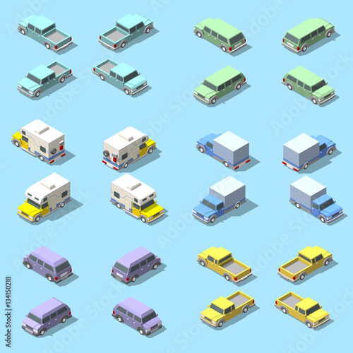 Vector isometric icon set of pickup truck.
