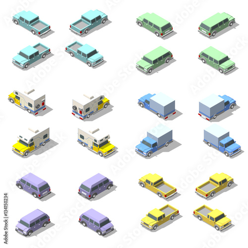 Vector isometric icon set of pickup truck.