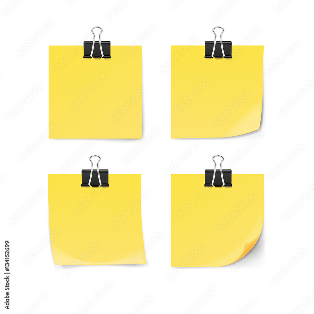 Yellow sticky note with paper clip isolated on white background. Vector illustration. Yellow sticky note with paper clip isolated on white background. Vector illustration.