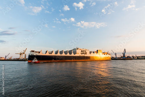 View of a ship in the Port of Hamburg and the Elbe