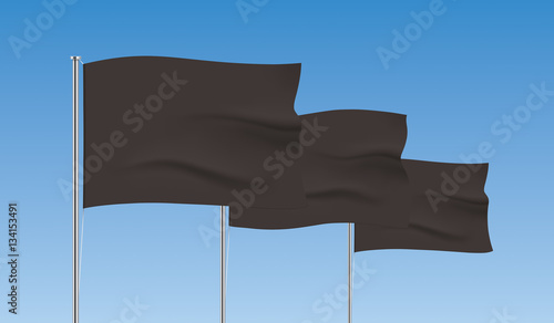 Perspective row of black flags. Waving flag vector templates. Advertising flags realistic mockup.