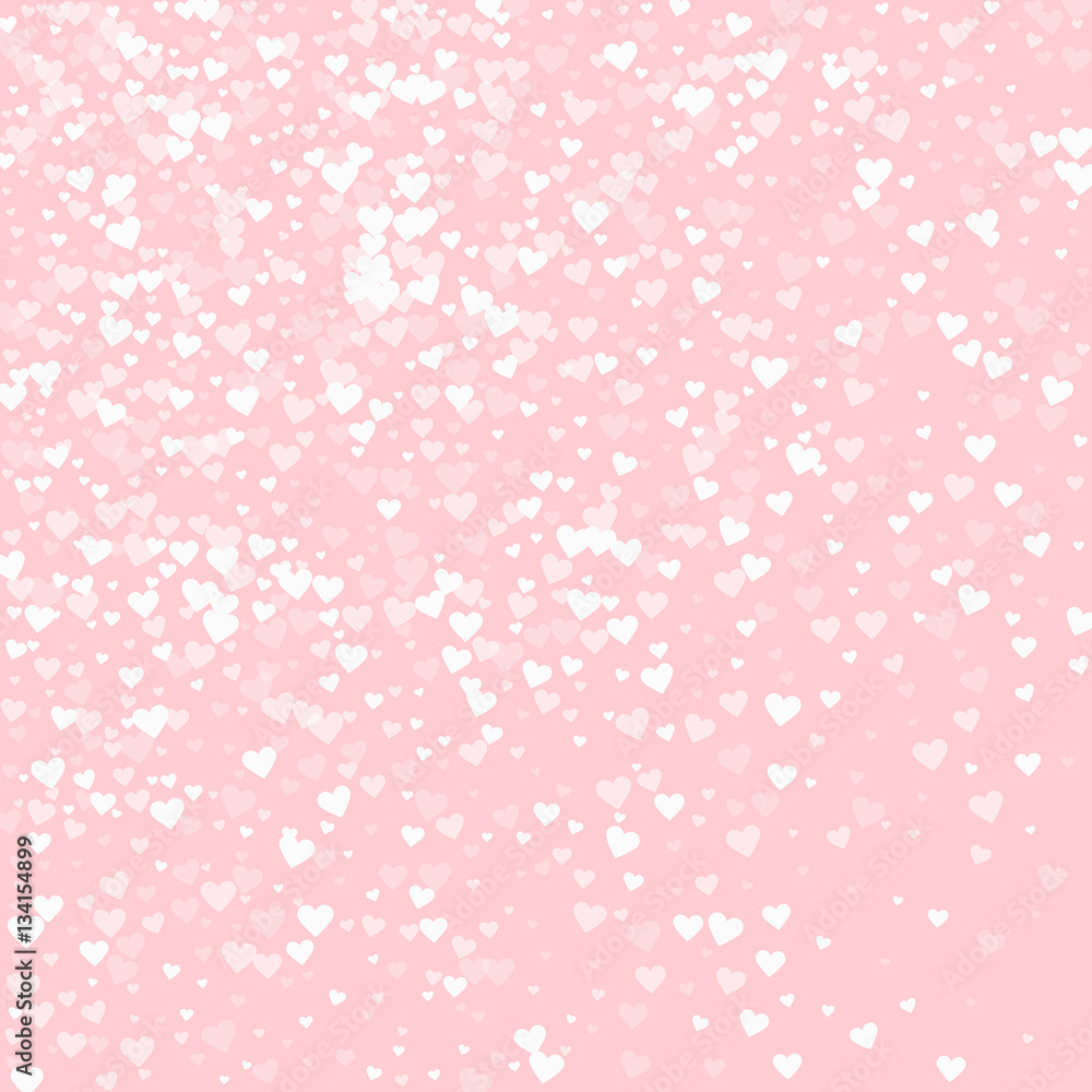 White hearts confetti. Abstract scatter on pale_pink valentine background. Vector illustration.