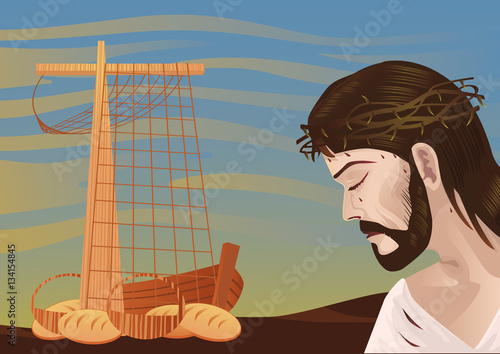 Crucifixion - sunset scene with ship and bread. Good friday. 